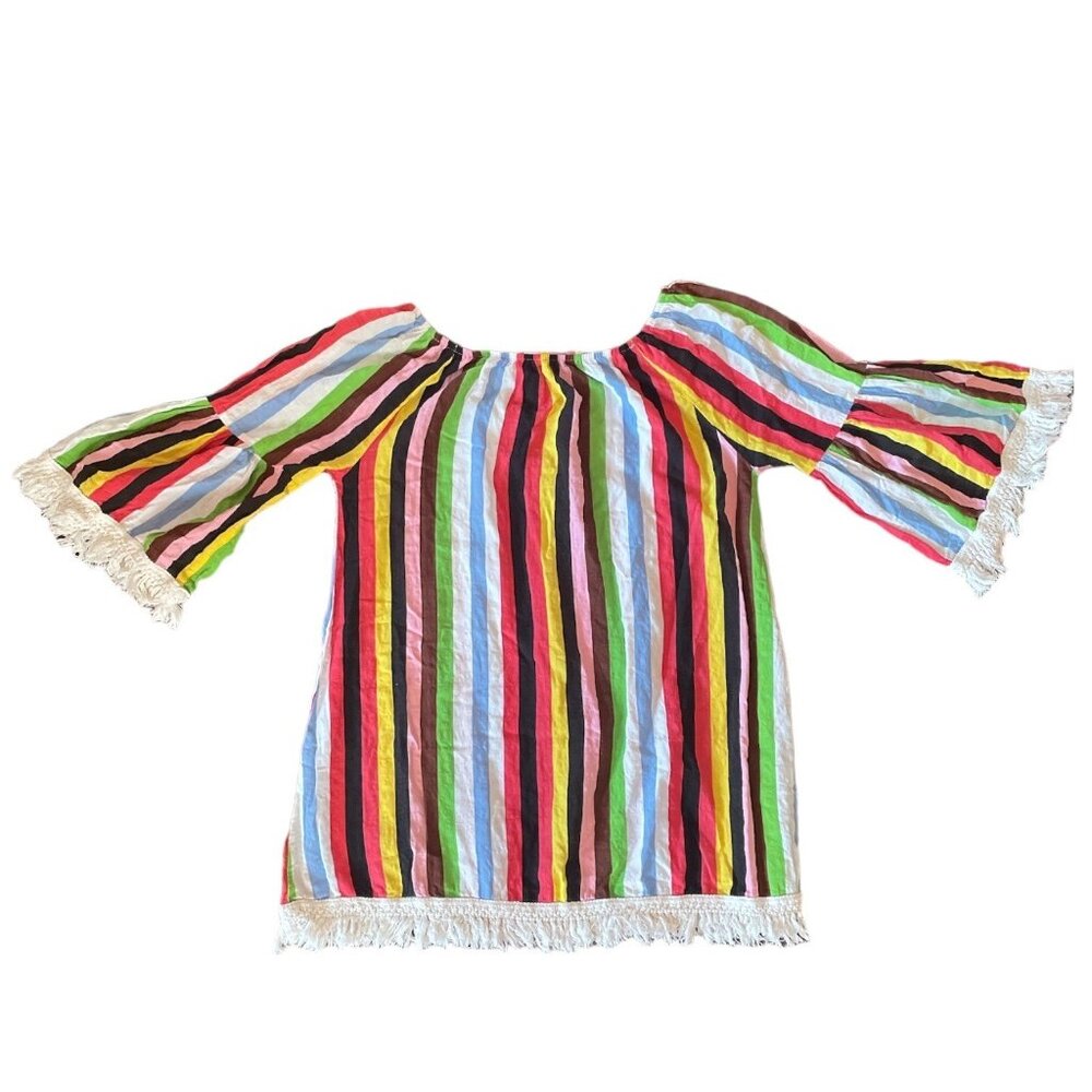 Velzera Rainbow Pride Colorful Striped Boho Hippie Crocheted Fringed Mini Dress